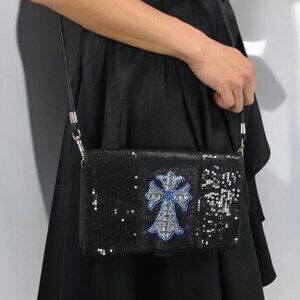 Evening Party Black Sequin Cross Design Crossbody Purse, Black Wristlet Wallet